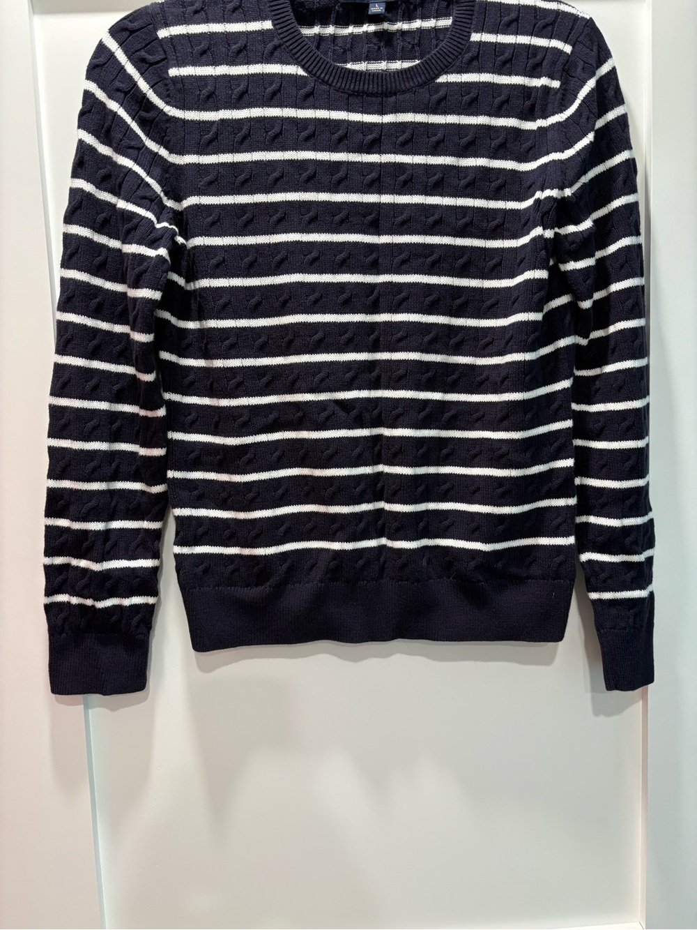Brooks Brothers Navy and White Striped Cable-Knit Crewneck Sweater